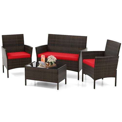 KOTEK 4 Piece Patio Furniture Set, Outdoor Rattan Conversation Set with Loveseat, Wicker Chairs, Tempered Glass Coffee Table, Wicker Patio Set for Backyard, Porch (Red) - color: Red