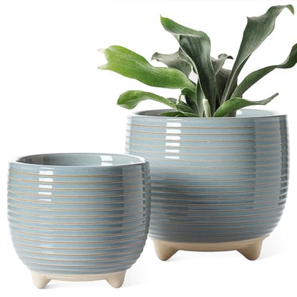 LE TAUCI Ceramic Plant Pots, 5.1 + 6.4 Inch Footed Pots for Plants, Modern Flower Pots for Home and Office, Indoor Planters with Drainage, Reactive Glaze Gray - color: Glaze Blue