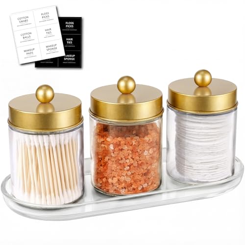 SheeChung 3 Pack Glass Apothecary Jars with Acrylic Vanity Tray | Bathroom Jars with Lids Set with for Qtip, Cotton Ball, Floss Picks - Modern Industrial Style - Bathroom Organizer (Gold） - color: Gold+SS Lid