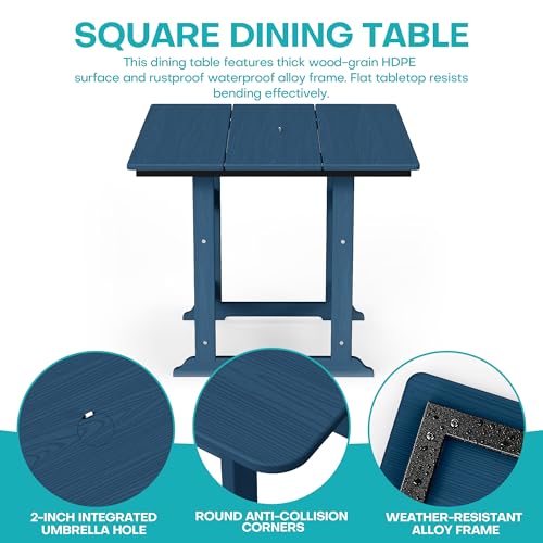 5 Piece Patio Dining Set, HDPE All-Weather Furniture,Navy | Waterproof 4 Chairs with Armchair Seat & 1 Square Table, Natural Wood Look for Backyard, Garden, Patio - color: Navy, size: Square 5-Piece Dining Set