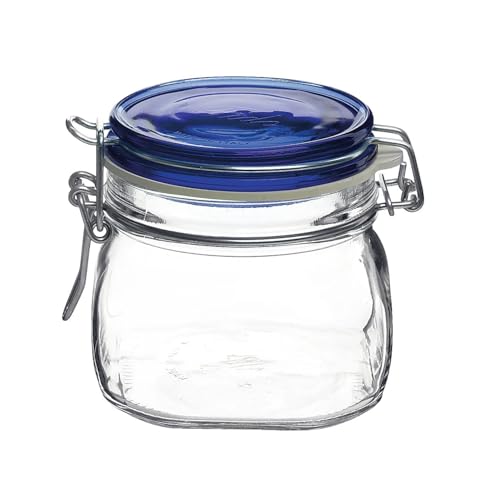 Bormioli Rocco Fido Glass Jar, Blue Lid - Food Storage Container with Airtight Seal - 17.5 oz Clamp Lock Canister for Dry Foods, Appetizers & Desserts - Italian Glass, Dishwasher Safe - color: Clear, size: 17.50 fl oz