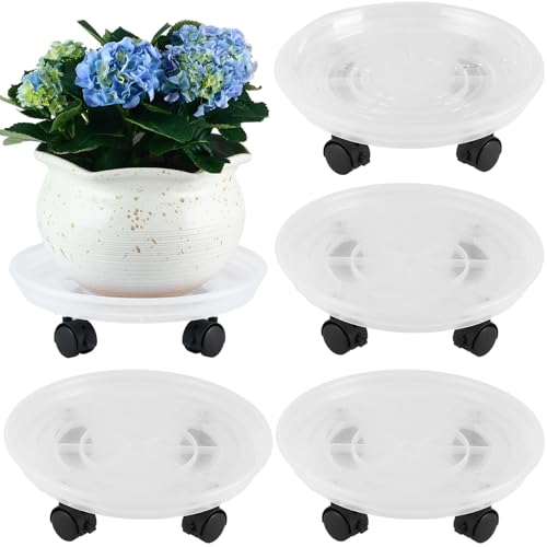 4 Packs Plant Caddy with Wheels 11.8" Plastic Rolling Plant Stands Heavy-duty Plant Dolly with Casters Indoor Outdoor Wheeled Plant Roller Base Large Planter Saucers Plant Mover - color: Clear white