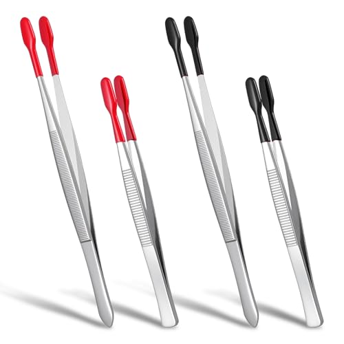 4 Pieces Rubber Tipped Tweezers, Forceps Silicone Coated Flat Tip Long Bent Precision Tweezers, Hobby Craft Tweezer Tools for Crafting Stamps Coins Jewelry Industrial Electronic Lab (Black & Red)