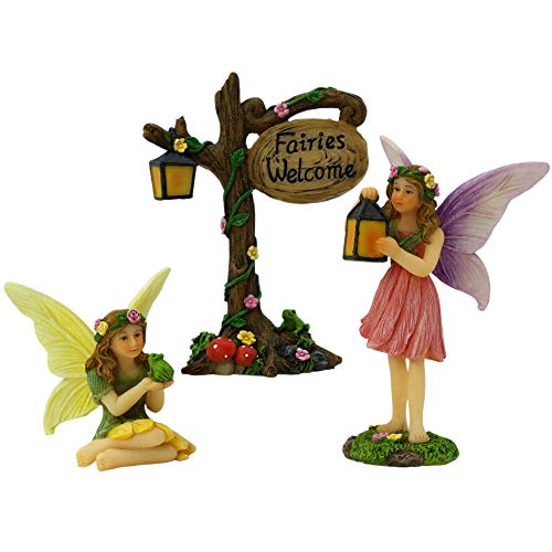 PRETMANNS Fairies for Fairy Garden Accessories Outdoor, 3 Piece Kit | Set for Indoor Outside Miniature Garden, Small Figurines and a Sign, Colorful Resin Supplies
