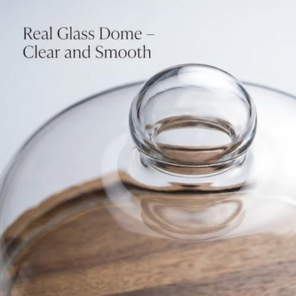 QWORK Glass Dome Cloche with Acacia Wood Tray – 7" Cover for Cakes, Cheese & Table Display