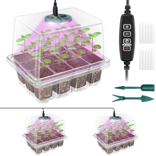 Seed Starter Trays with Grow Light Kit, 2 Pack Plant Greenhouse Propagator | 12-Cell Tray, Humidity Temperature Vented Dome, Clear Base, Brightness/ Timing Controller and Gardening Tools for Indoor Use - size: 2-Pack (Transparent)