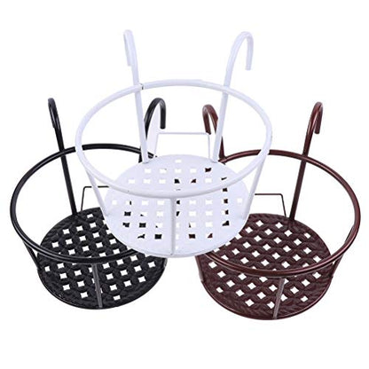 Hanging Railing Planters Baskets Art Hanging Flower Stands Balcony Flower Pot Holders Plant Iron Racks Fence Metal Potted Stand Mounted Balcony Round Plant Basket Shelf Container Box,Garden Steel Pots - color: White-full Bottom