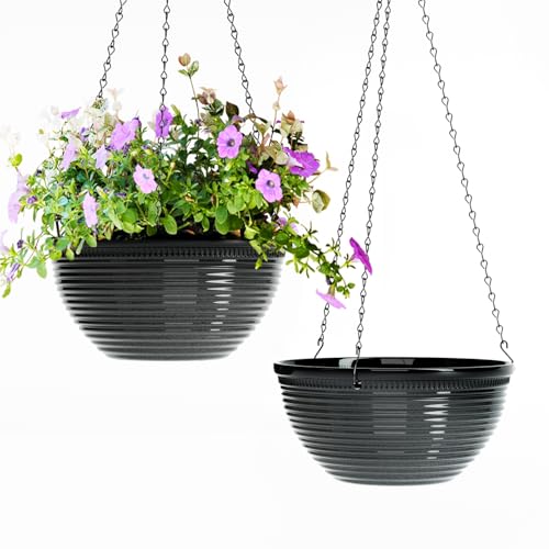 10 Inch Hanging Planters, Glazed Hanging Basket with Drainage Holes, 2 Pack - color: Black, size: 10inch