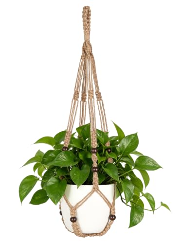 Mkono Macrame Plant Hanger Indoor, 29 Inch Hanging Planter Holder Brown | Hanging Basket with Decorative Wood Beads, No Tassels, Boho Home Decor, Indoor & Outdoor Use, Flower Pots NOT Included - color: Brown