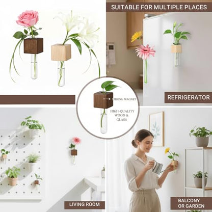 Magnetic Flower Vase 2 Pcs, Wooden Test Tube Propagation Magnet | Magnetic Single Flower Vase, Propagation Magnet, Wooden Fridge Planter, Space-Saving, Glass Tube