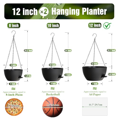 12 Inch Large Self Watering Hanging Planters 2 Pack with Saucers - color: Black, size: 12 Inch 2 Pack