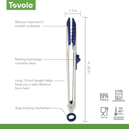 Tovolo Tip Top Tongs, Easy-Grip Kitchen Tongs for Cooking With Silicone Tips, Easy Locking Mechanism, Cooking Utensil With Resting Foot, Heat-Resistant & BPA-Free Silicone Tips, Deep Indigo - color: Deep Indigo