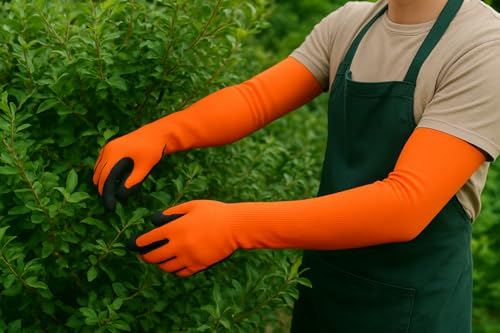 Long Sleeve Gardening Gloves Protection Sleeves, No-Slip Grip & Full Arm Guard Garden Cuffs; Durable, Protective - color: Orange, size: Medium