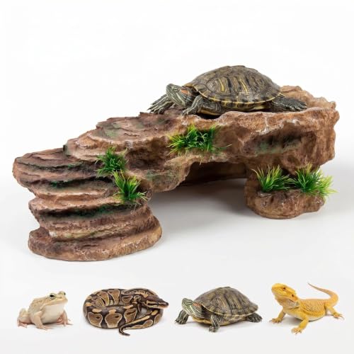 Reptile Basking Platform Rock Hide Cave, Premium Resin Terrarium Habitat Decor, 2-in-1 Climbing Step Ledge & Hidden Shelter for Bearded Dragon, Gecko, Lizard, Snake, Turtle, Frog and Aquarium Fish - color: pxs-cpt2