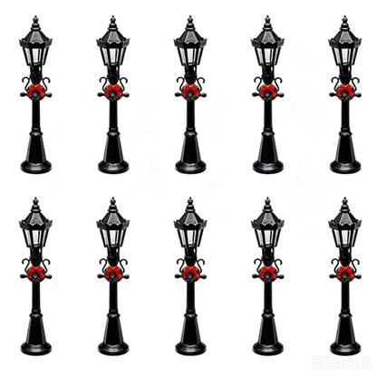 10 Pcs Black 12CM with Floral Wreath Miniature Street Lamp Mini Street Light Models Miniature Village Pathway Lantern Post for DIY Micro Landscape Fairy Garden Accessories
