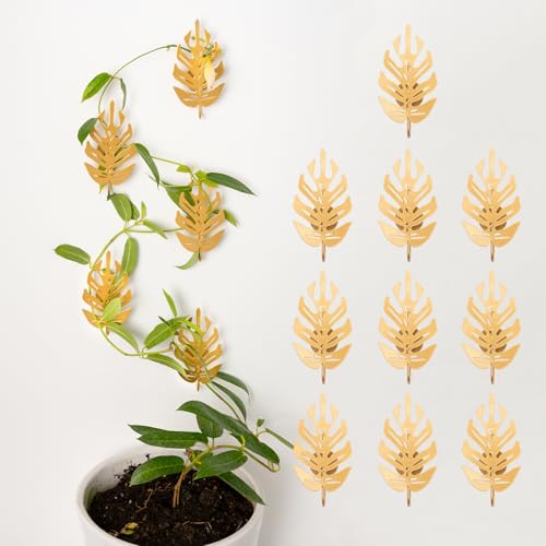 15 Pack Money Plant Hooks for Wall - Indoor Pothos Plant Support | Clips for Climbing Vines and Orchids, Ideal for Wall Gardening & Plant Training, Durable Leaf Shape Design - color: Gold