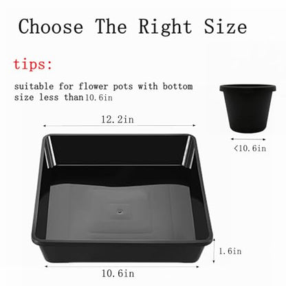 4 Pack 12 Inch Square Plant Saucer, Plant Drip Trays and Flower Pot Saucers, Plant Trays for Indoors No Holes, Plant Drainage Tray Saucers for Potted Plants (Black)
