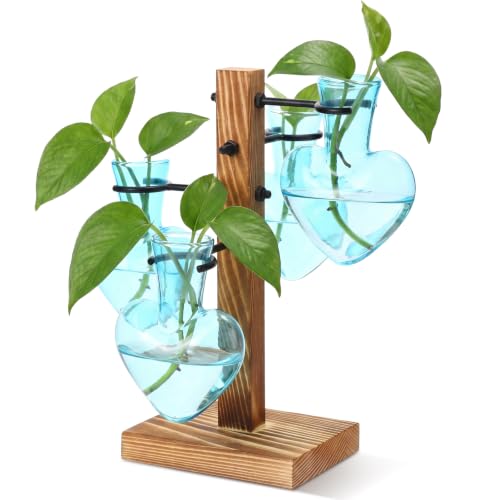 ReliThick Plant Terrarium Propagation Station with Wooden Stand 4 Heart Shaped Glass Bulb Vases for Indoor Hydroponics Love Bulb Vase Desktop Decor Gifts for Plant Lovers Women Wife Mom Her