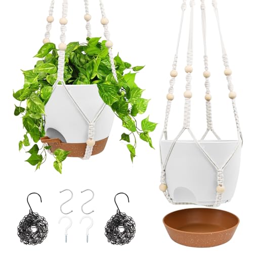 Vanslogreen Hanging Planters for Indoor Outdoor Plants, 2 Pack Self Watering Hanging Pots, Hanging Plant Baskets with Drainage Holes & 2 Types of Plant Hangers (White, 6'') - color: White+black, size: 6''