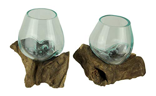 Zeckos Set of 2 Molten Glass Vases on Teak Driftwood, 6.5 Inch