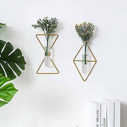 yaooral Luxury Nordic Hanging Wall Mounted Gold Flower Vase | Metal Frame Glass Tube/Minimalist/Cute Exquisit Pretty/Geometric Hydroponic Bud Vase Decor for Wall Home Wedding Farmhouse - style: rhombus