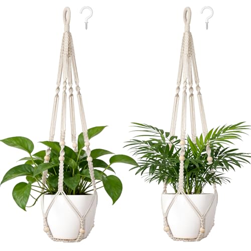 Dahey Set of 2 Macrame Plant Hanger Indoor 35" Hanging Plant Holder Basket | Handwoven Cotton Hanging Planter, 2 Hooks, Fits 9" Pots, Excludes Pot Plant, No Tassels, Boho Decor for Living Room, Ivory