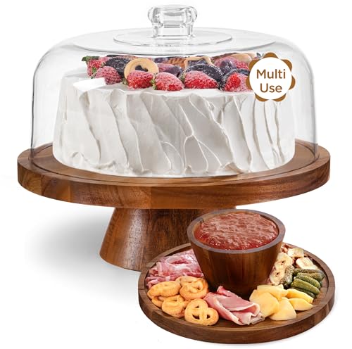 HBlife Cake Stand with Lid (11.4"), Multifunctional Cake Stand with Acrylic Dome, Acacia Wood 6-in-1 Cake Plate Display Stand with Cover for Baking Gifts, Birthday Kitchen Parties, Weddings