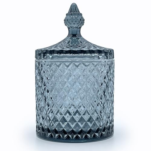 Colorful Glass Jar With Lid,Trinket Dish,Candy Cookie Jars,Buffet Biscuit Containers Food Storage,Decorative Jar(Large Blue Gray) - color: Pointed Cylinder-Blue Gray-Large