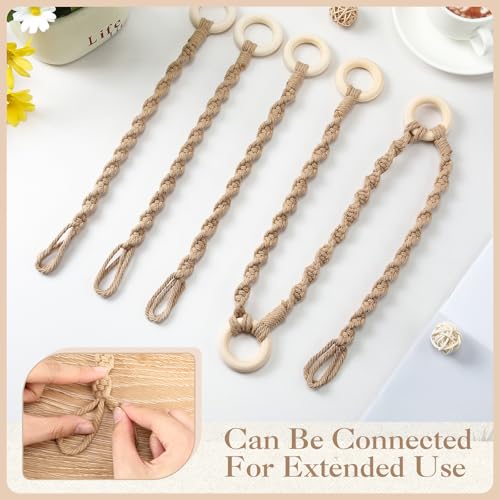 6 Pack Adjustable Macrame Plant Hanger Extender Handmade Woven Hanging Basket Extenders Connectable Rope Hanging Extension with Wooden Ring for Indoor Outdoor Plant Pot Holder(Brown) - color: Brown