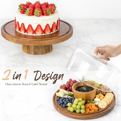 12" Acacia Wood Cake Stand with Glass Lid | Glass Cake Stand with Dome, Cake Holder for Cakes, Cupcakes, 2-In-1 Dessert Table Display & Charcuterie Board for Party - color: Round Footed A
