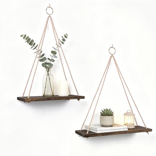 Hanging Wall Shelves, Set of 2 (Medium+Large), Boho Style, Triangular, Wood Finish, Wall Mount, 2 Shelves, Living Room, Bedroom, Bathroom, Kitchen - size: Medium + Large