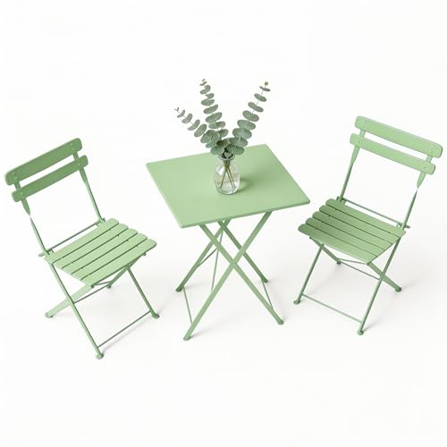 GarveeHome 3 Piece Foldable Patio Bistro Set, Outdoor/Indoor Metal Table and Chairs Furniture, Compact Square Table with 2 Folding Chairs for Balcony, Porch, Deck, Garden, Apartment, Small Space, Sage - color: Sage, size: 3-Piece (Square Table)