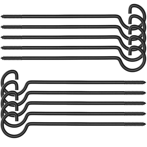 10Pack Black 12Inch Long Screw Hooks for Plants String Lights Bird Feeders | Heavy duty threaded screw hooks,for hanging planters, bird feeders, string lights and Christmas decor indoors outdoors - size: 12in 10P