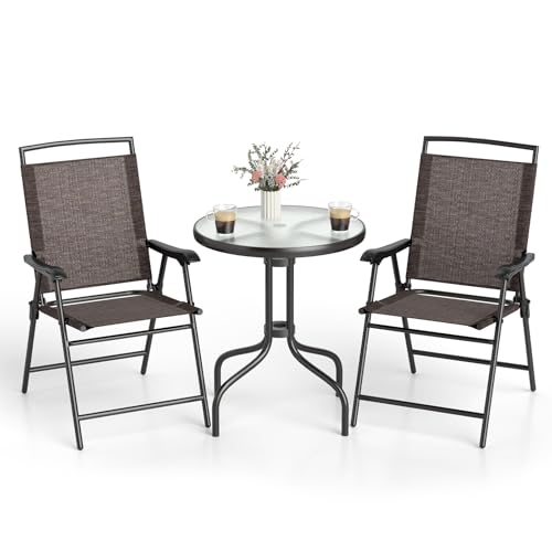 Goplus Bistro Table and Chairs Set of 2, Outdoor 3 Piece Patio Bistro Set with 1.57” Umbrella Hole, Tempered Glass Tabletop, 2 Folding Chairs, Small Patio Furniture Dining Set for Garden, Balcony - color: Brown-simple Backrest
