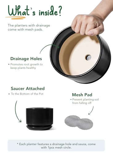 LE TAUCI Ceramic Plant Pots, 4.3+5.3+6.8 inch, Set of 3, Planters with Drainage Hole and Saucer, Indoor Flower Pot with Hole Mesh Pad, Gifts for Mom, Black - color: Black