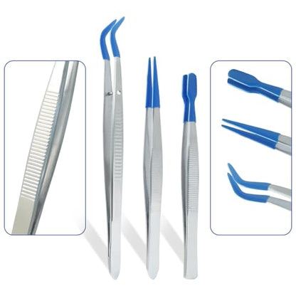 Curved Tweezers, 3 Pack, Silicone Rubber Bent Tip PVC Coated | Soft Tip, Non Marring, Stainless Steel, For Jewelry Crafts/Electronics