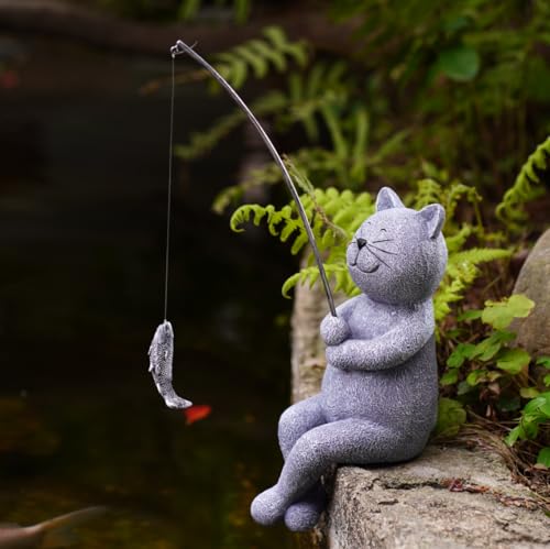 Goodeco Fishing Cat Garden Statue – 10" Poolside Statue with Glow Pebbles - color: Grey Cat