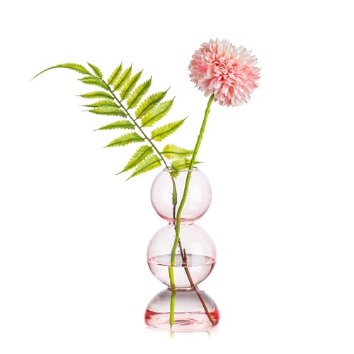 Glasseam Pink Glass Bubble Vase, Cute Ball Bud Vase for Single Stem Flower | Handblown Triple Spherical Balls, Aesthetic Modern Decor for Home Room Tabletop, Shelf, Lovely Gifts for Flower Lovers - color: Pink, size: Single Vase (3 Balls)