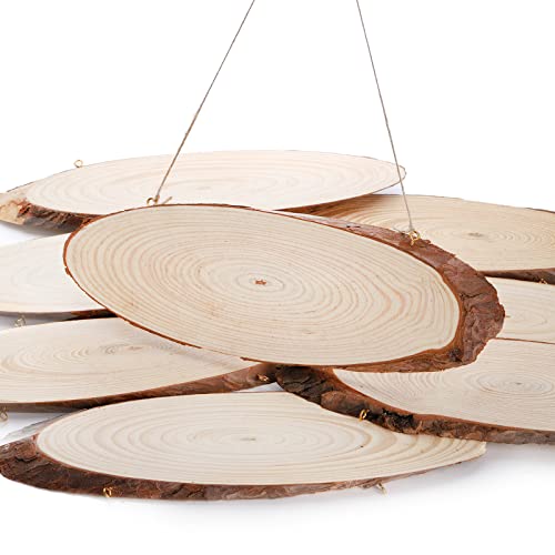 DEAYOU 8 Pack Natural Wood Slices, Unfinished Wood Crafts with Bark, Tree Slice Wooden Sign with Small Eye Ring, Wood Slab Plaque Plank for Centerpiece, DIY, Painting, Ornament, 9-11"L x 3-4"W, Oval