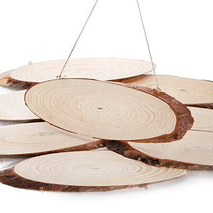 DEAYOU 8 Pack Natural Wood Slices, Unfinished Wood Crafts with Bark, Tree Slice Wooden Sign with Small Eye Ring, Wood Slab Plaque Plank for Centerpiece, DIY, Painting, Ornament, 9-11"L x 3-4"W, Oval
