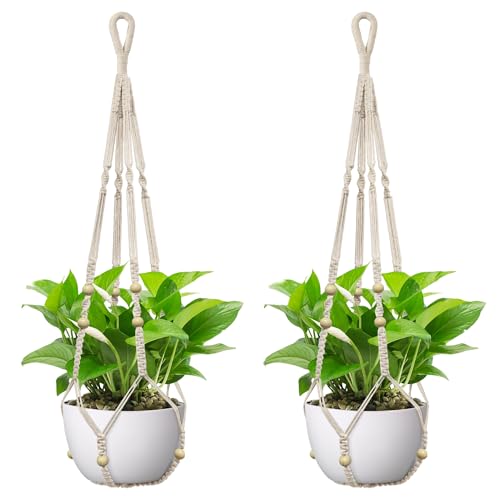 USLAI Macrame Plant Hanger, for Up to 15 Inch Pots, 35 Inch, Ivory, 2 Pack - color: Ivory