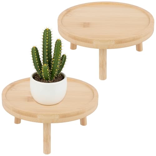 SOUJAP 2 Pack Small Wood Plant Stand, 6.1 x 2.6 inch Mid Century Modern Wooden Round Plant Holder Stand with Legs for Bonsai, Flower Pot
