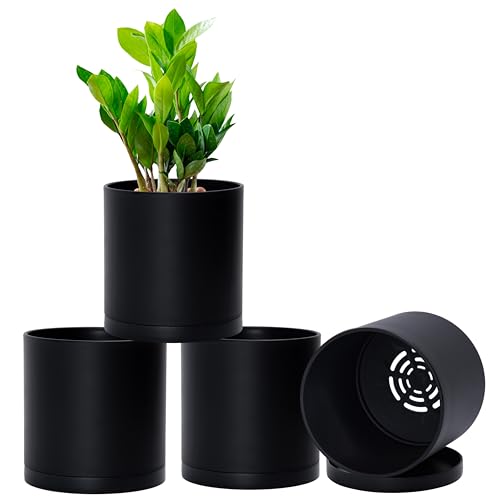 D'vine Dev 4-Pack Black Plastic Planters with Saucers, 5.5 in, 74-Y-H-2 | Lightweight Durable Build, Matte Finish, Cylindrical Shape, Efficient Drainage, Detachable Saucer, Minimalist Modern Style - size: 5.5"