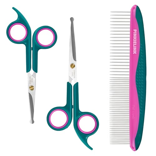 Pet Grooming Scissors Kit, Dog Grooming Shears with Stainless Steel Rounded Tip Blades for Safe Fur Trimming for Dog, Cat, Includes Pet Comb (Set of 3) - color: Green 3 in 1