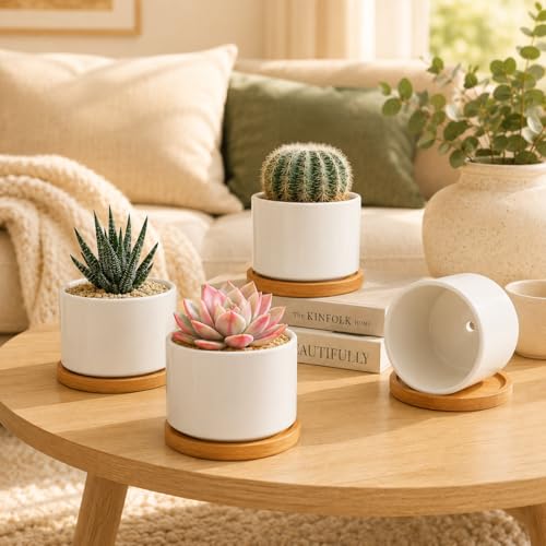 ZOUTOG 4 Pack 3.1" Ceramic Succulent Pots,White Planter with Drainage Tray - color: White, size: 4 Pack