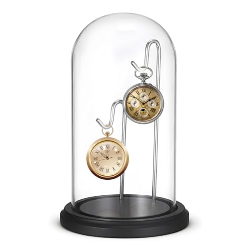 JUXYES Clear Glass Pocket Watch Display Dome Case with Base, 4x8 Inches | Clear Glass, Dust Proof, Bell Terrarium Jar with 2 Silver Hanging Hook, For Pocket Watch Collectors and Antique Enthusiasts - color: Silver/Black