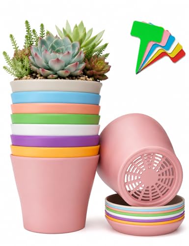 Colorful 4 Inch Plant Pots with Saucers, 24 Pack | Thick plastic pots with drainage holes and saucers, ideal for succulents, seedlings, herbs, indoor plants