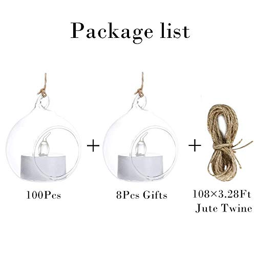 Sziqiqi Hanging Glass Globes Orbs Tea Light Candle Holders with Flameless LED Tealight for Wedding Ornaments, Wedding Birthday Christmas Party Centerpiece Accessory 2.36inch 100pcs +8 Extra | Glass Ball Fillable with Trinkets, for Wedding Ornament, Christ