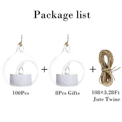 Sziqiqi Hanging Glass Globes Orbs Tea Light Candle Holders with Flameless LED Tealight for Wedding Ornaments, Wedding Birthday Christmas Party Centerpiece Accessory 2.36inch 100pcs +8 Extra | Glass Ball Fillable with Trinkets, for Wedding Ornament, Christ