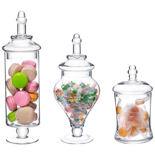 MyGift Clear Glass Apothecary Jars with Lid, Set of 3 | Decorative Footed Vase Container Canisters for Treats Storage Candy Buffet Cotton Swabs Pantry Bathroom Vanity Organizer - color: Clear